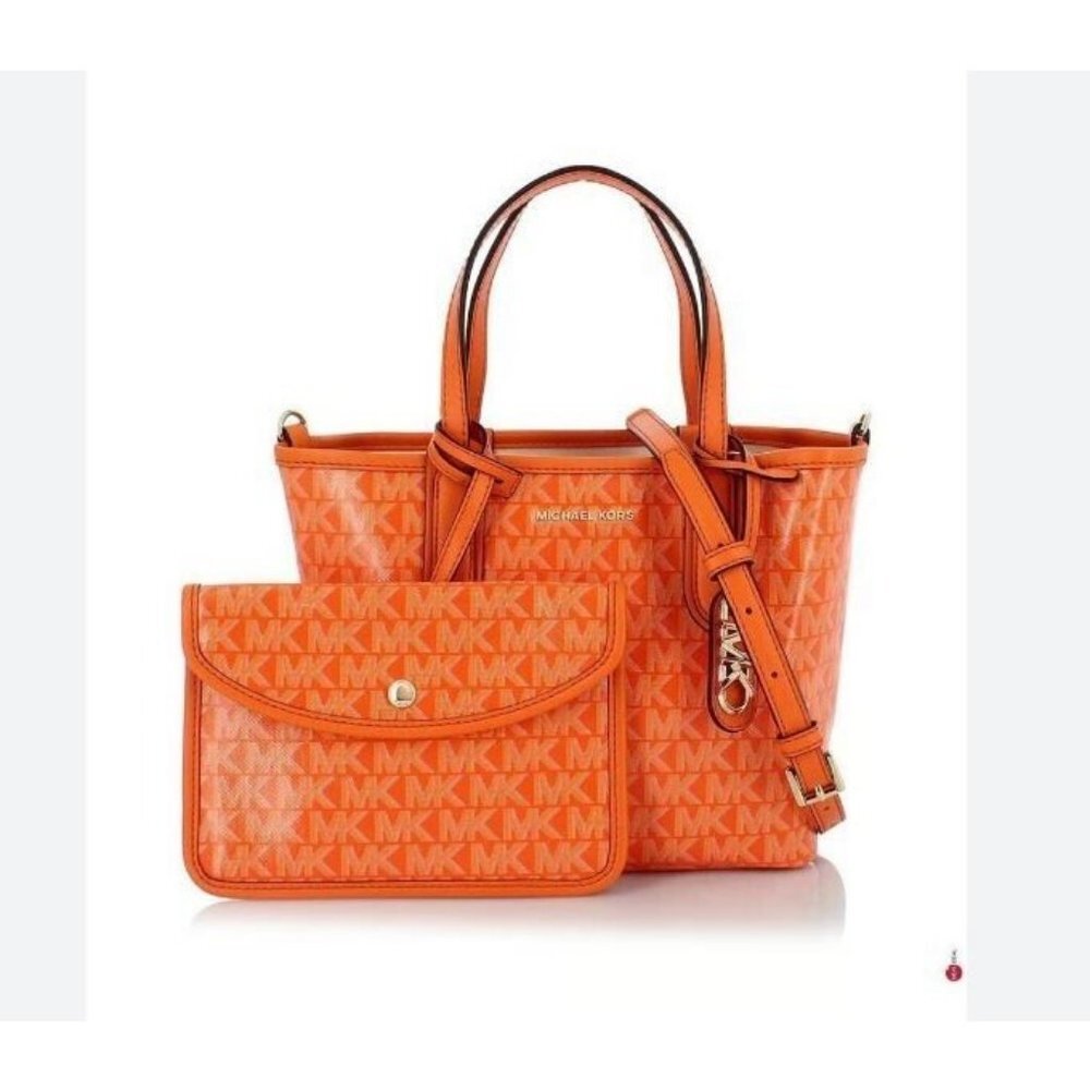MICHAEL KORS Logo Eliza PVC XS open tote crossbody + pouch 2 PC SET -Orange
